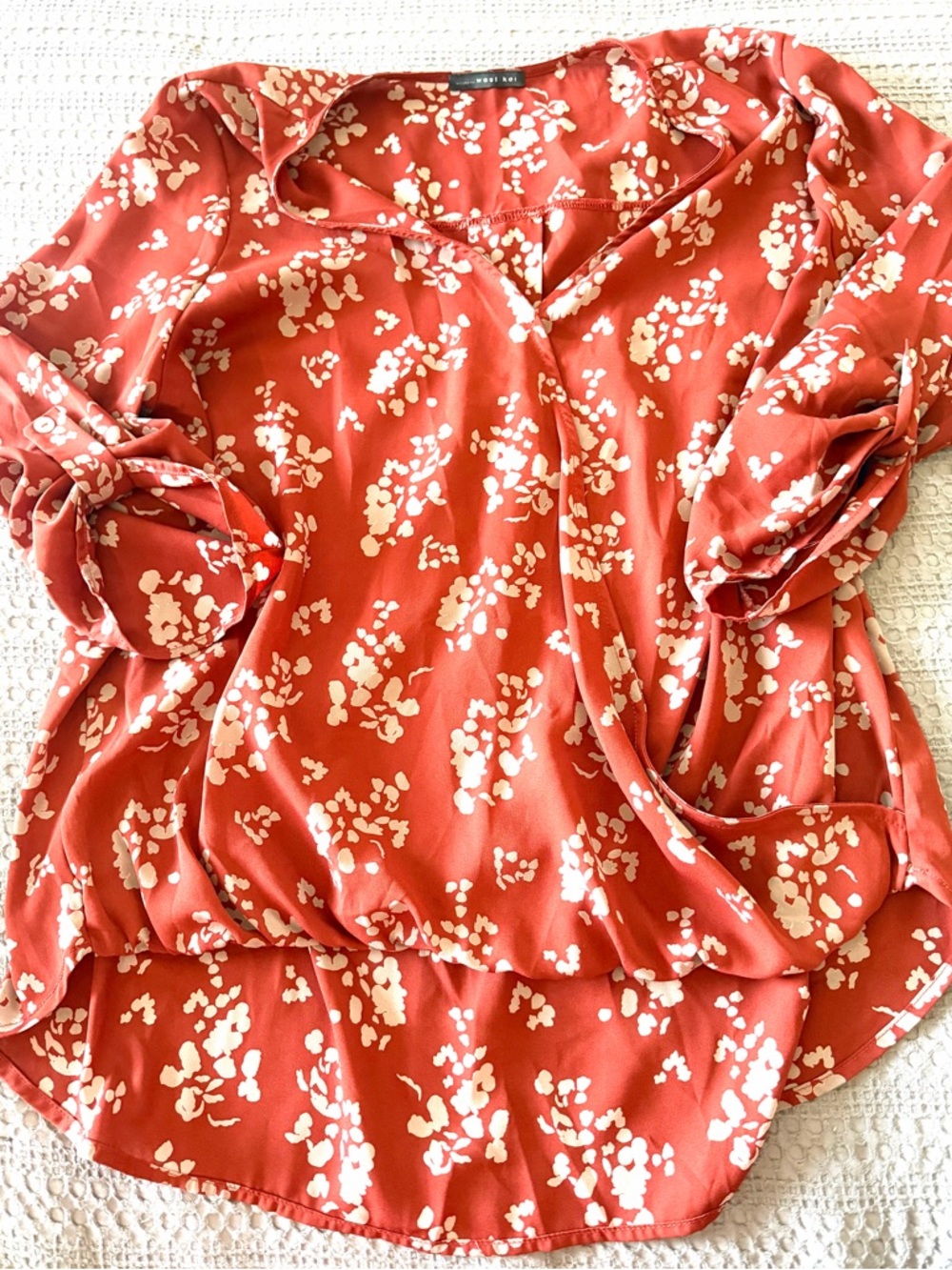 West Kei Rust Floral V-Neck Blouse with Cream Print